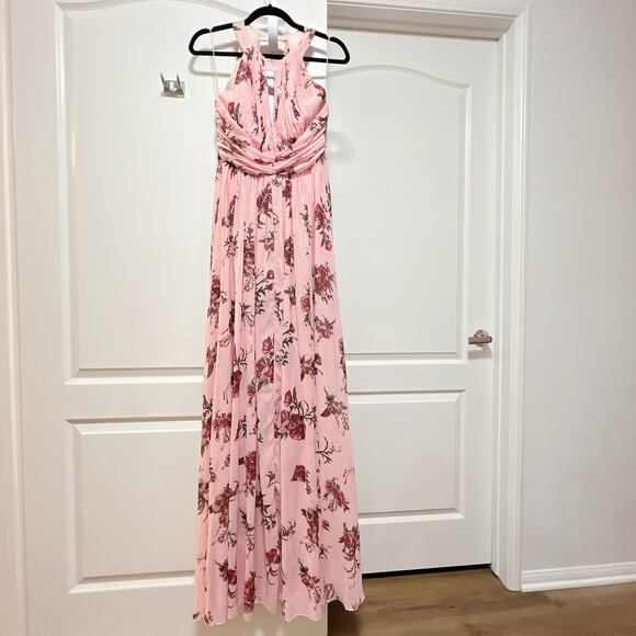 Marchesa Notte Blush Floral Halter Gown Open Back Maxi Dress - Picture 4 of 10